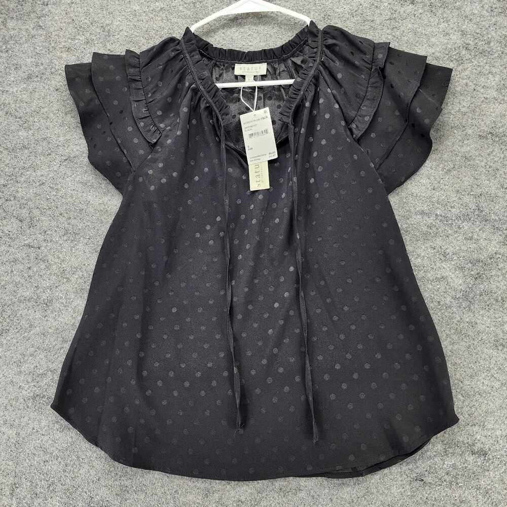 Status by Chenault Blouse Womens Small Short Sleeve Black V Neck